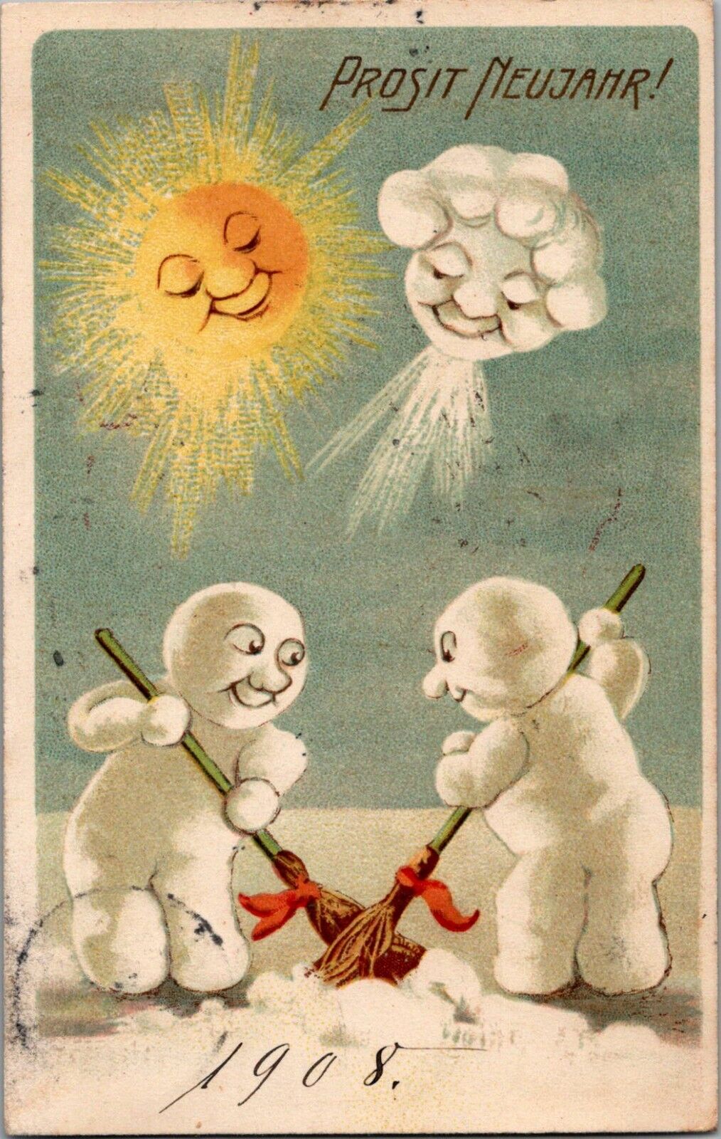 1908 GERMAN New Year Postcard Anthropomorphic Snowmen Sweep Snow Sun & Cloud See