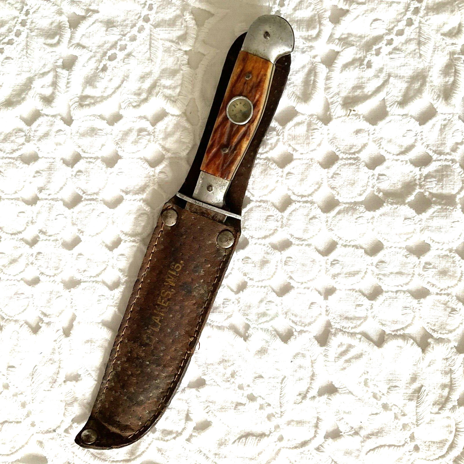 Vintage Thrifco Knife With Compass In Handle Not Working in Japan Belt Sheath