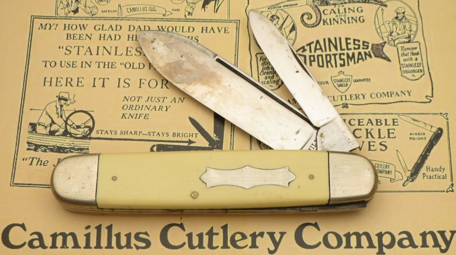 Antique Pre-WWII Camillus Cutlery Jumbo Cigar Jack White Handles