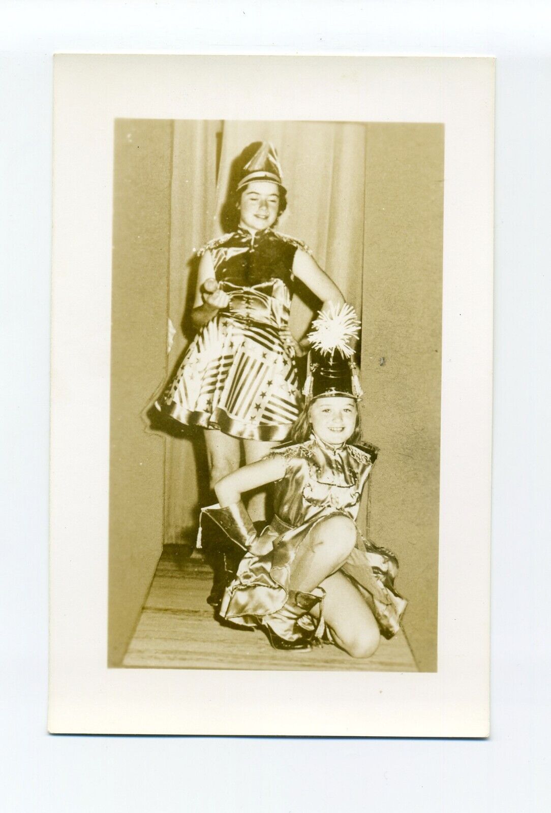 Contoocook NH RPPC photo postcard, identified majorettes, uniforms, Kings