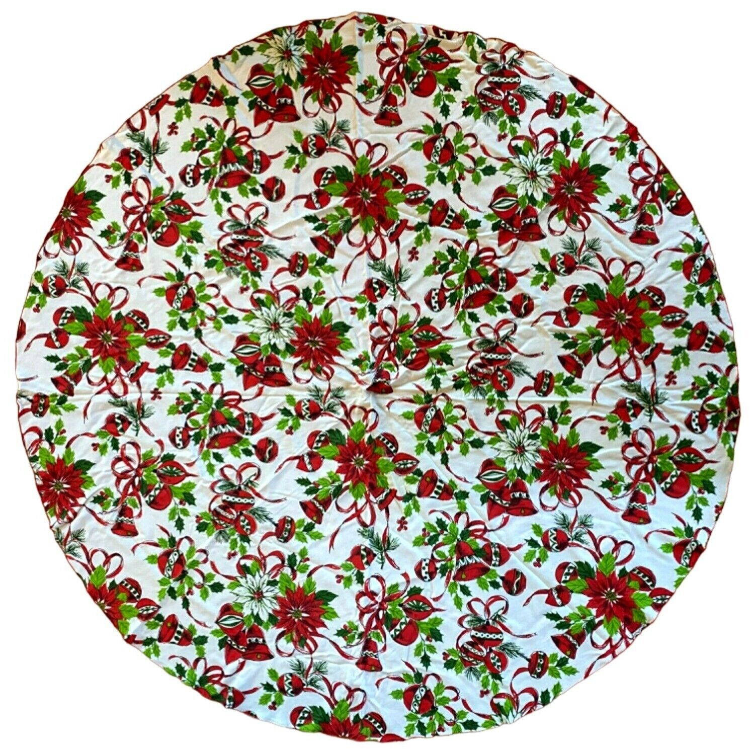 Vintage 40s 50s Round Tablecloth Christmas Poinsettias Bells Red Green 56\