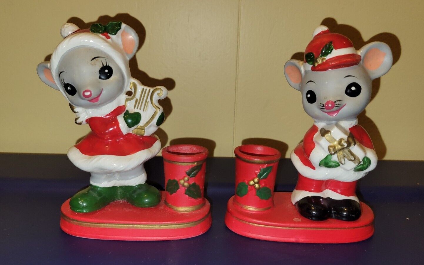 Set Of Vintage Napcoware Christmas Mouse Mice Taper  Candle Holders