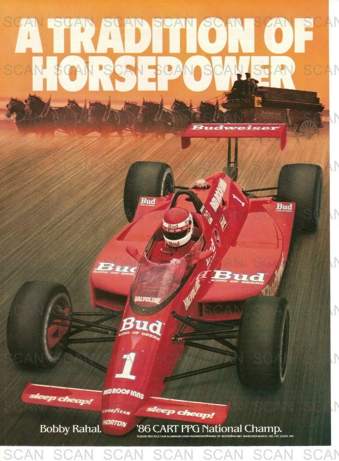 1987 Budweiser Beer Racing Vintage Magazine Ad   Bobby Rahal \'86 CART PPG Champ