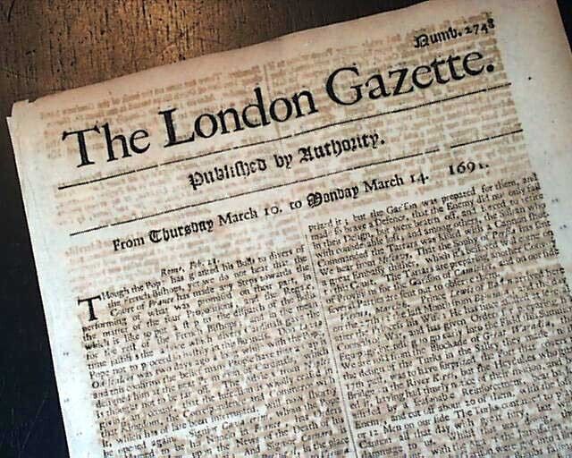 EARLY Rare 17th Century 333 Years Old LONDON GAZETTE England RARE 1691 Newspaper