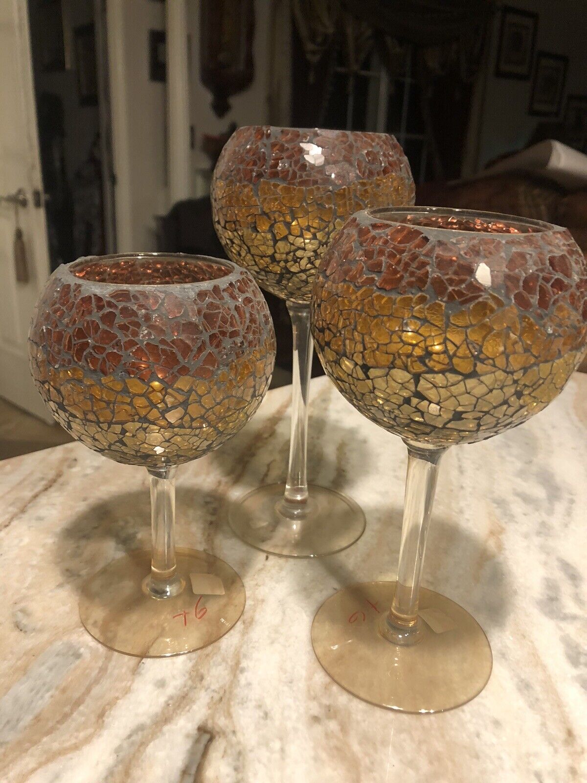 Partylite SIENA / SIENNA MOSAIC SET OF 3 STEMMED CANDLE HOLDERS  6-7-8 IN