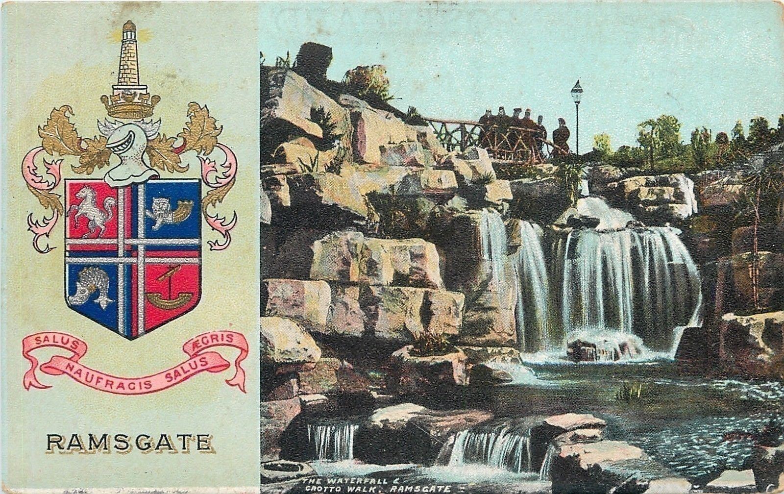 Ramsgate England~Coat of Arms~Waterfall & Grotto Walk~Folks on Bridge~1906 PC
