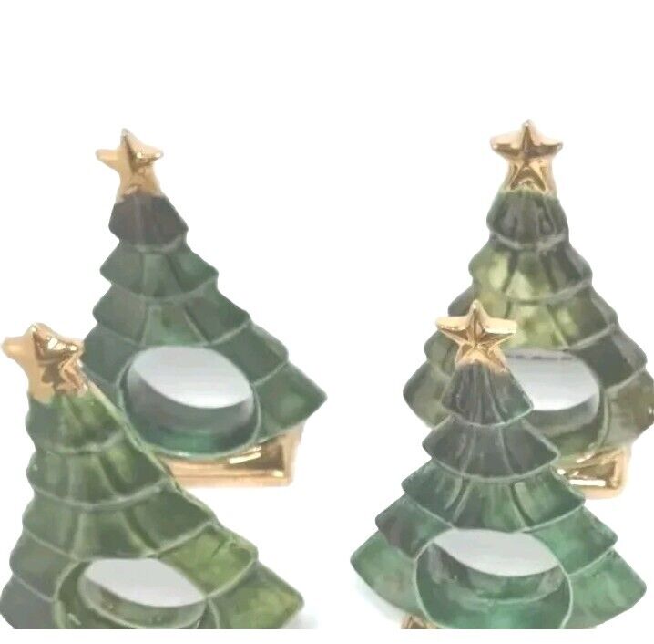 4 Vtg. Ceramic Christmas Tree Napkin Rings Green Star & Foot Gold Tone