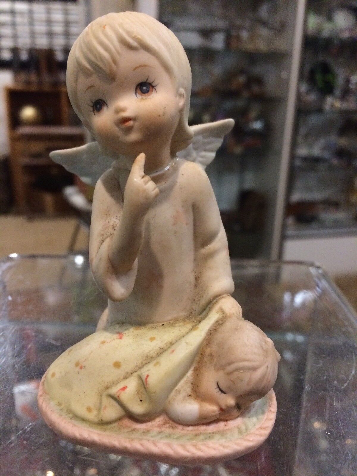 Vintage  Lefton Antique Porcelain Baby Angel Sleeping Nursery Figure