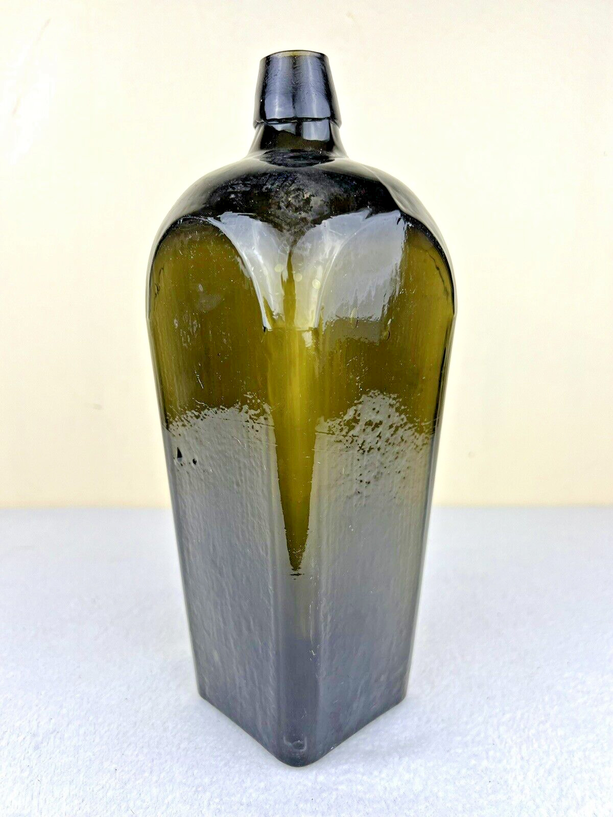 Antique 1870’s-1880’s Olive Green Case Gin Bottle Applied Lip 10.5” Primitive