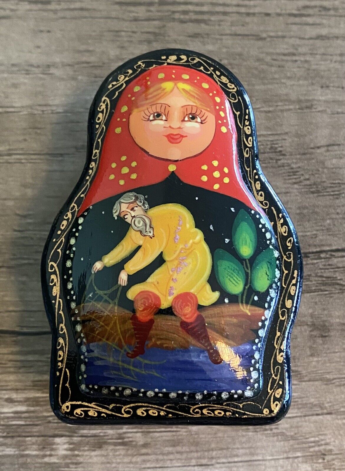Russian Hand Painted Lacquer Box, Russian Art, Man Fishing, Hinged Trinket Box