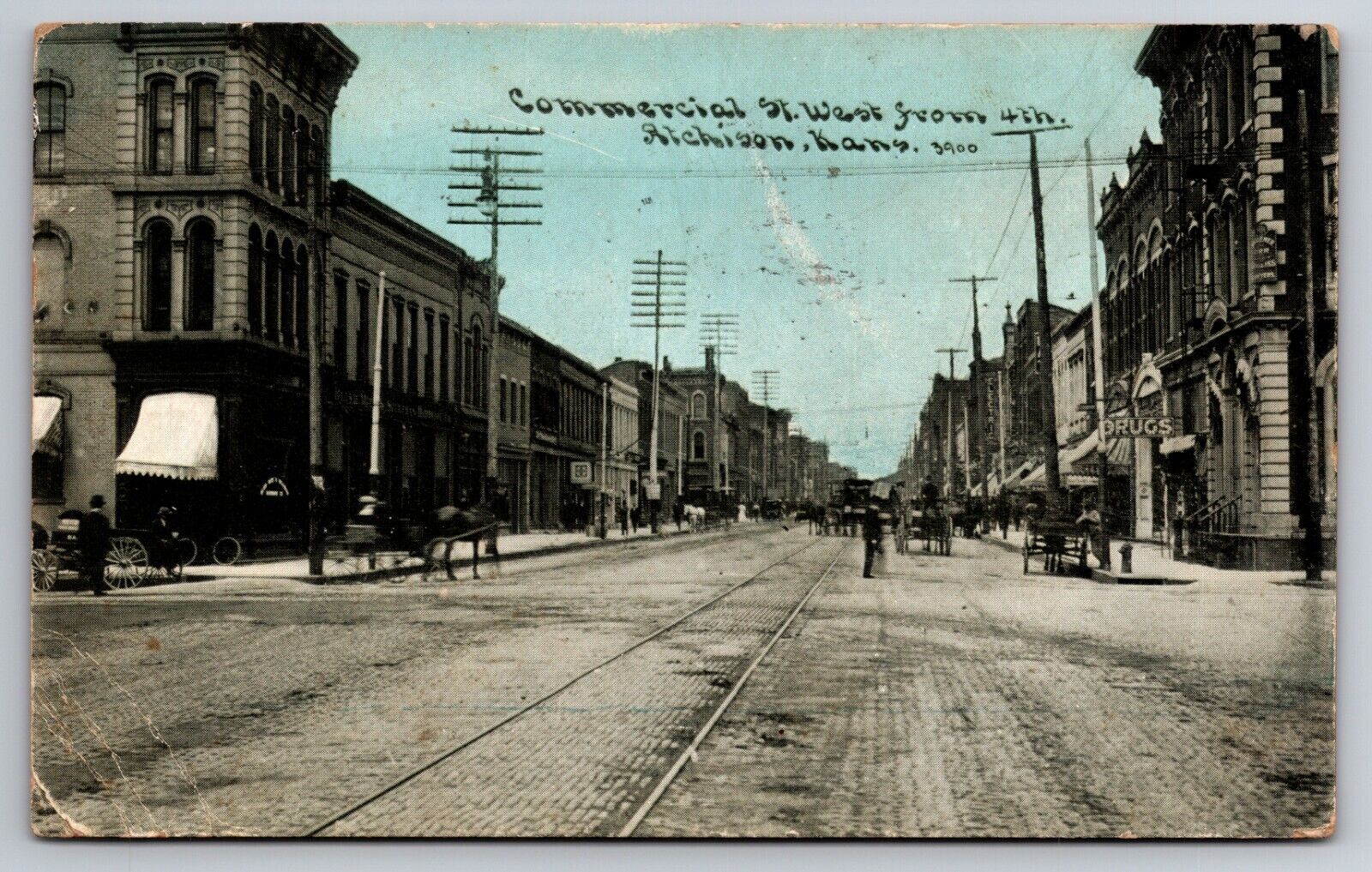 Commercial Street West from 4th Atchison Kansas KS Drug Store 1910 Postcard