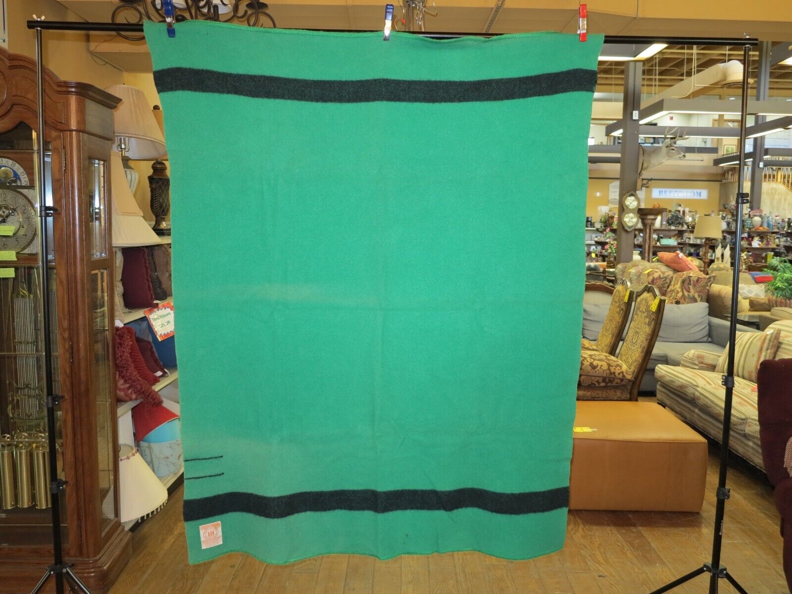 Hudson's Bay Company 2 Point 100% Wool Blanket - Green and Black - 1930s