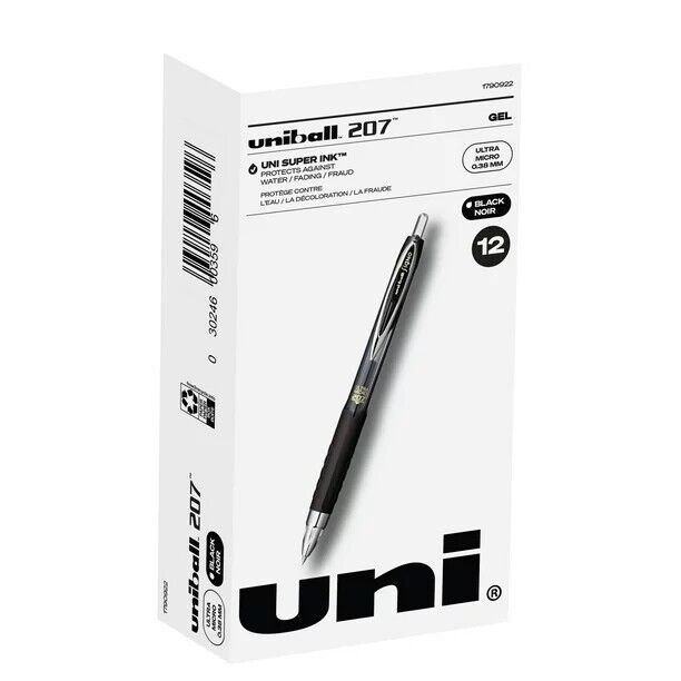 Black Retractable Gel Pens 12 Pack with Micro Points, Uni-Ball 207 Signo