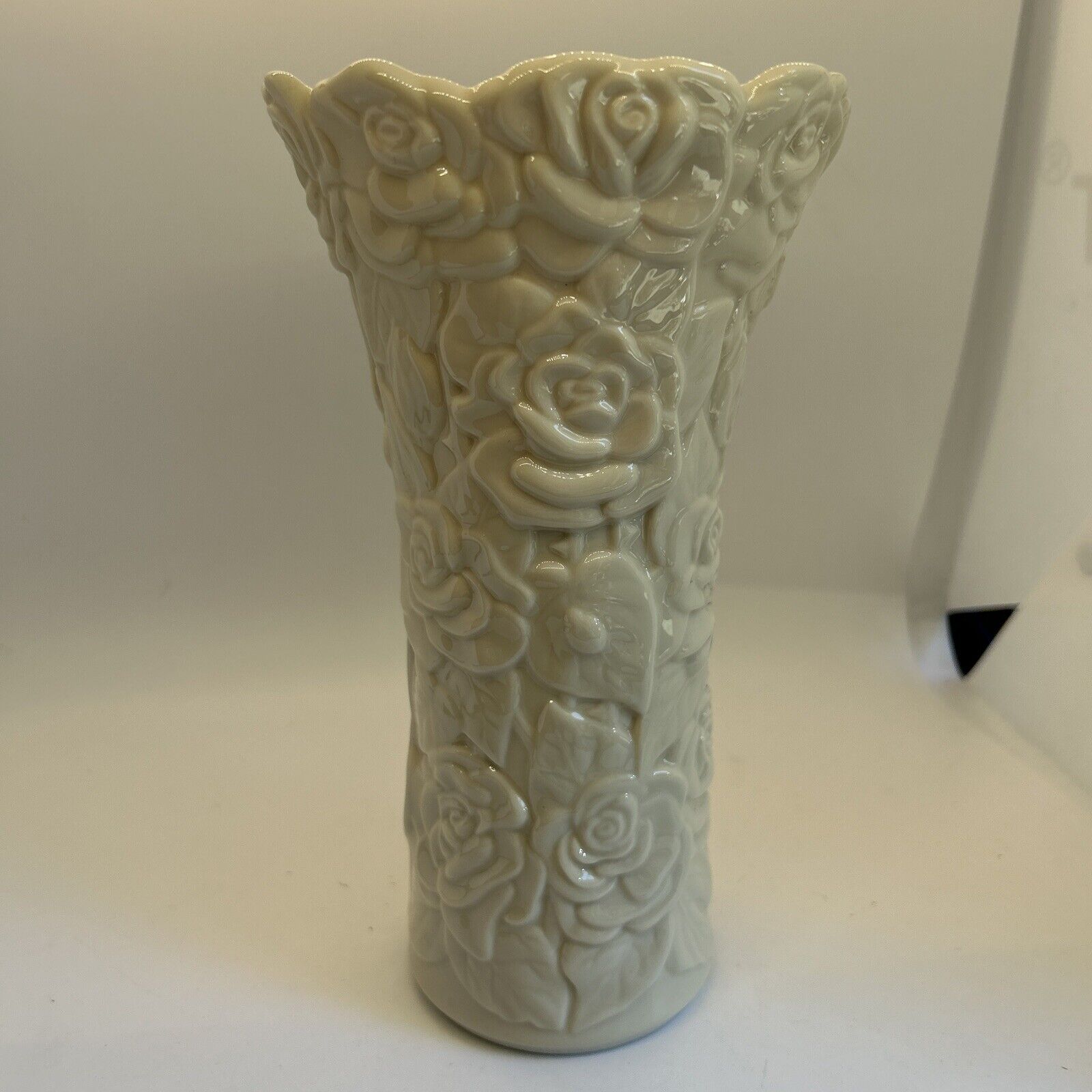 Vintage Lenox Embossed Floral Rose Paten Ivory Fine Porcelain Bud Vase 8.5\