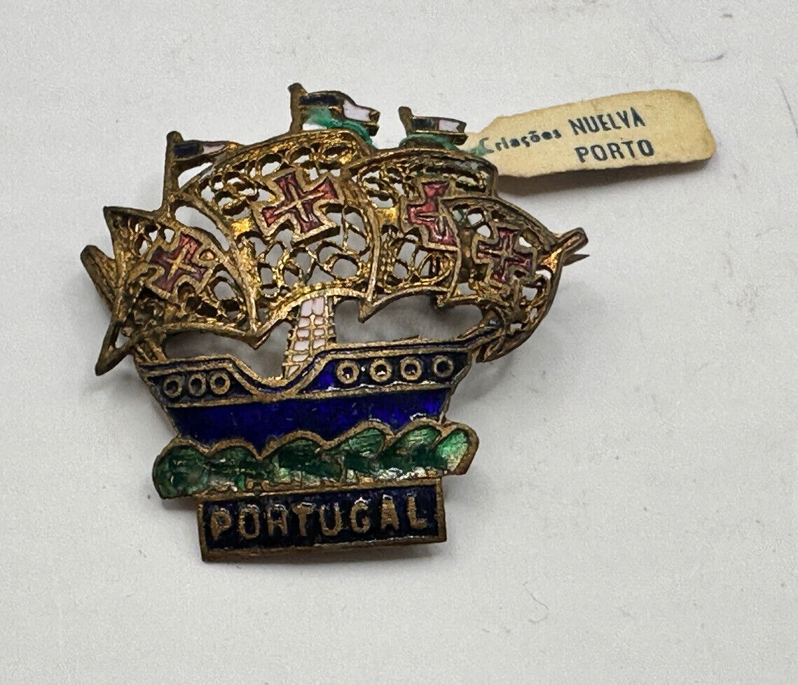 Vintage Tall Ship Pin Souvenir of Portugal Copper & Enamel