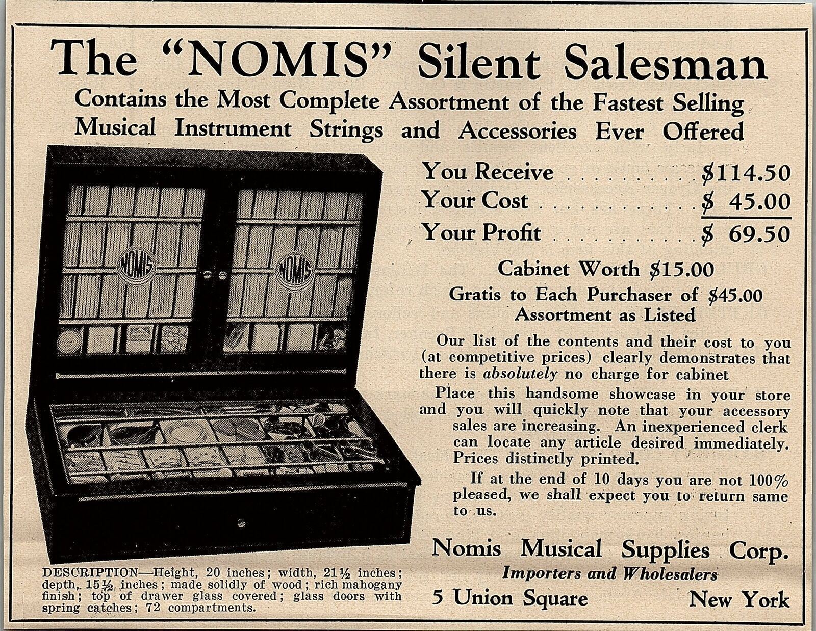 1927 THE NOMIS SILENT SALESMAN MUSICAL SUPPLIES CORP VINTAGE ADVERTISMENT 31-208