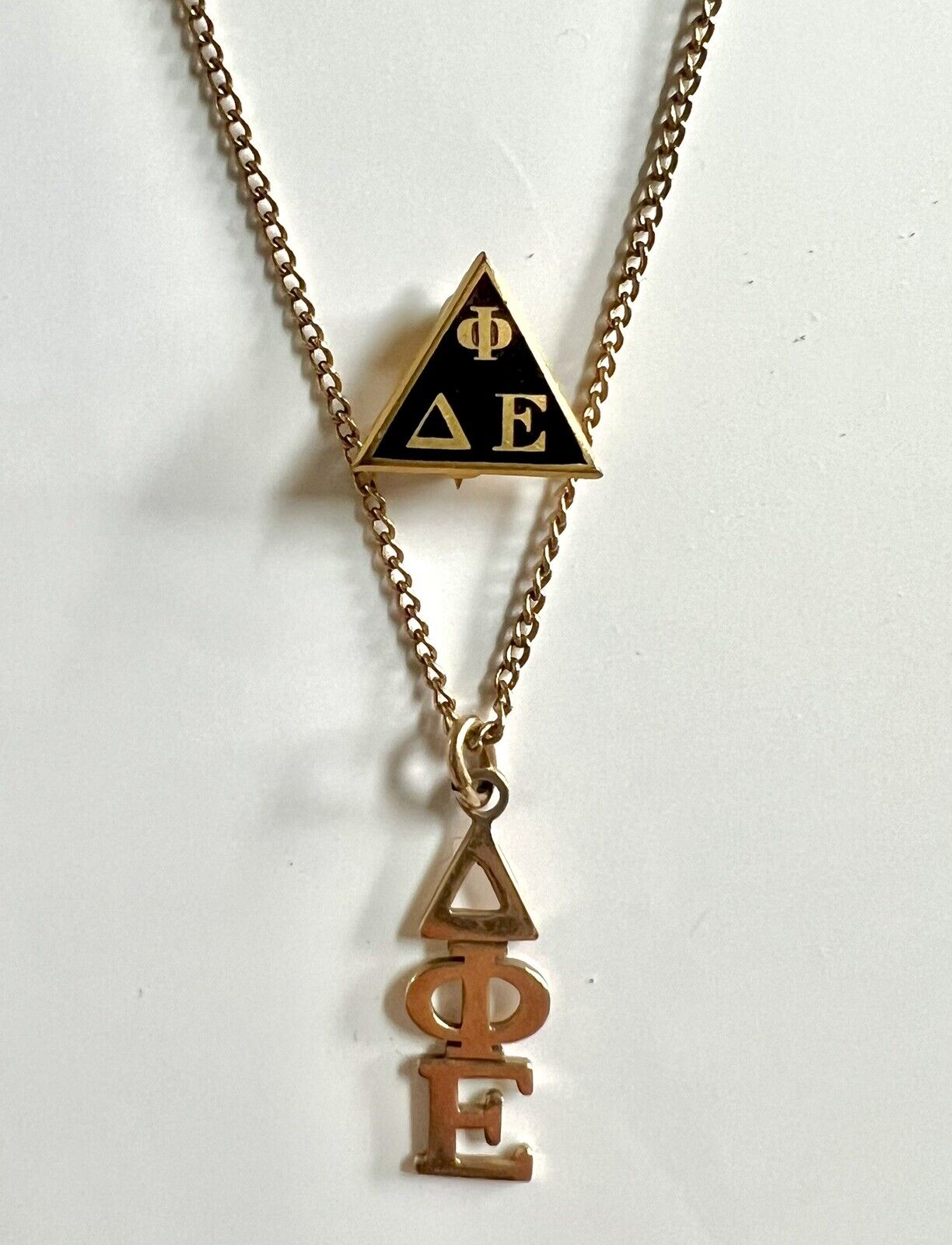 Antique 60s Delta Phi Epsilon New Member Pin And 12K 1/20 Gold Necklace & Charm