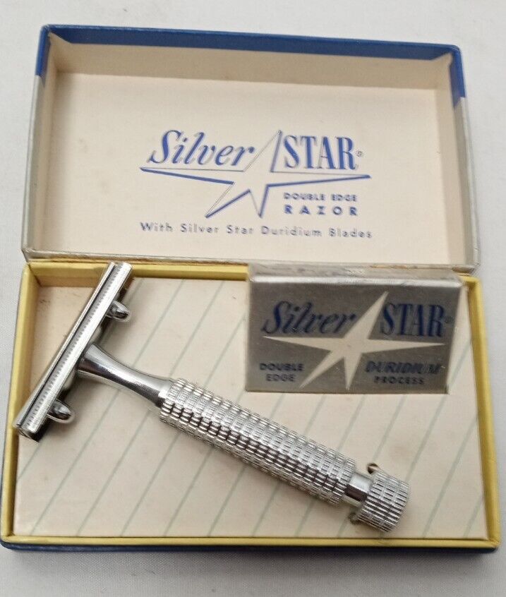 New Vintage Silver Star Double Edge Razor Duridium Blades Shiny Sharp Shaver
