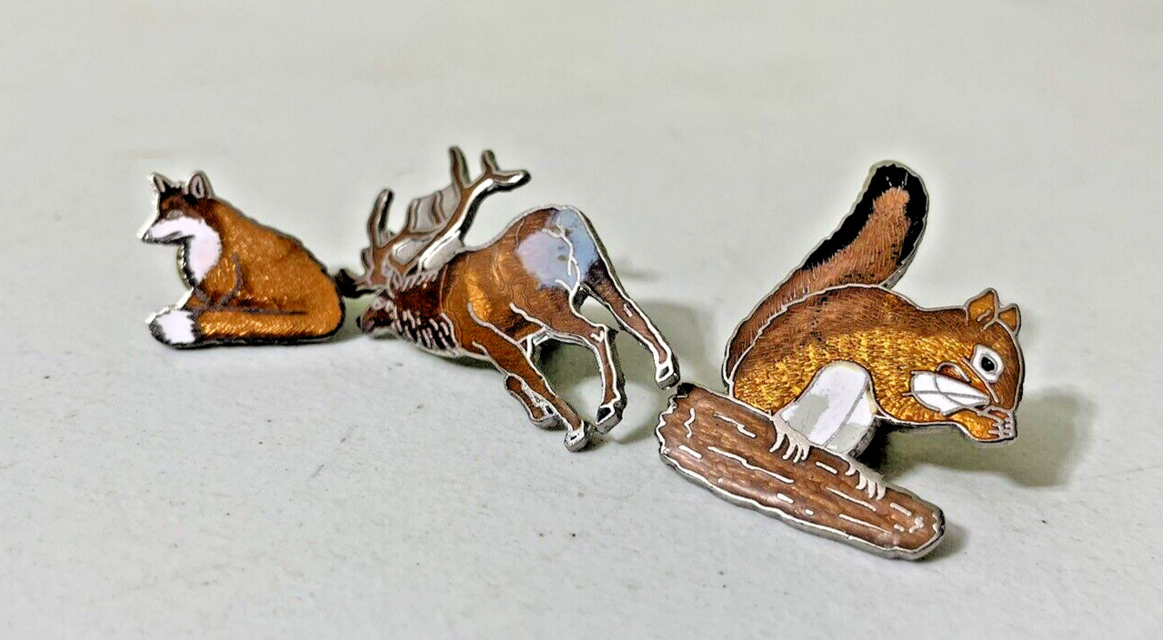 Vintage Elk, Red Fox & Fox Squirrel Lapel Pin Hat Wildlife MAFCO LOT