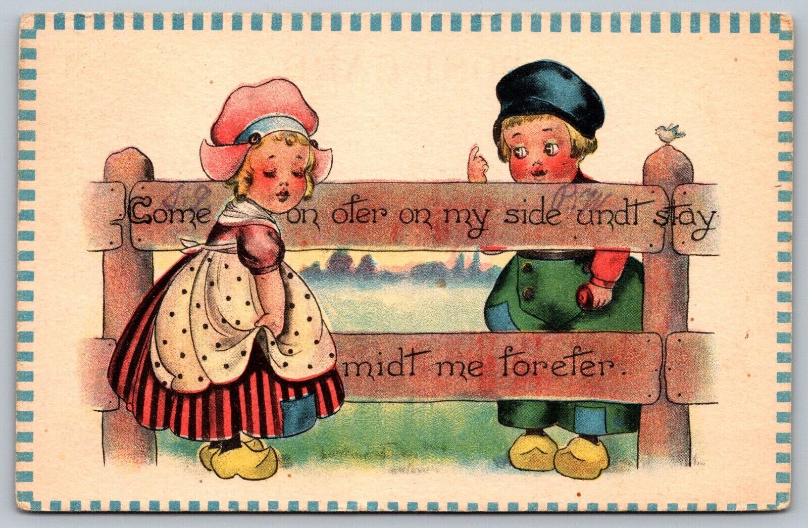 Antique Valentines Postcard Dutch Children Fence Come On Over On My Side 1913 J3