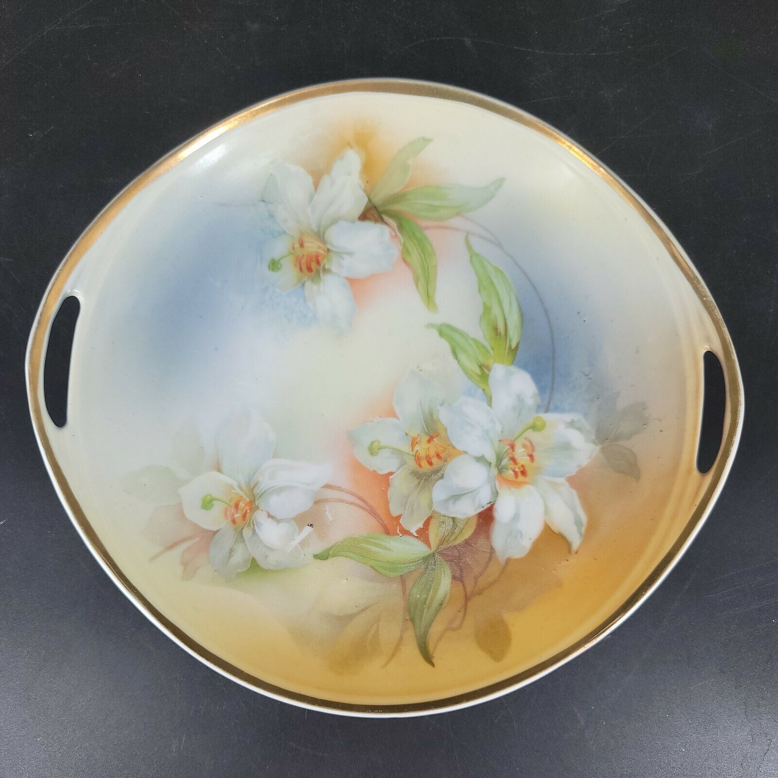 Antique 1920s CT Silesia Altwasser Germany Cake Plate Handpainted White Lily