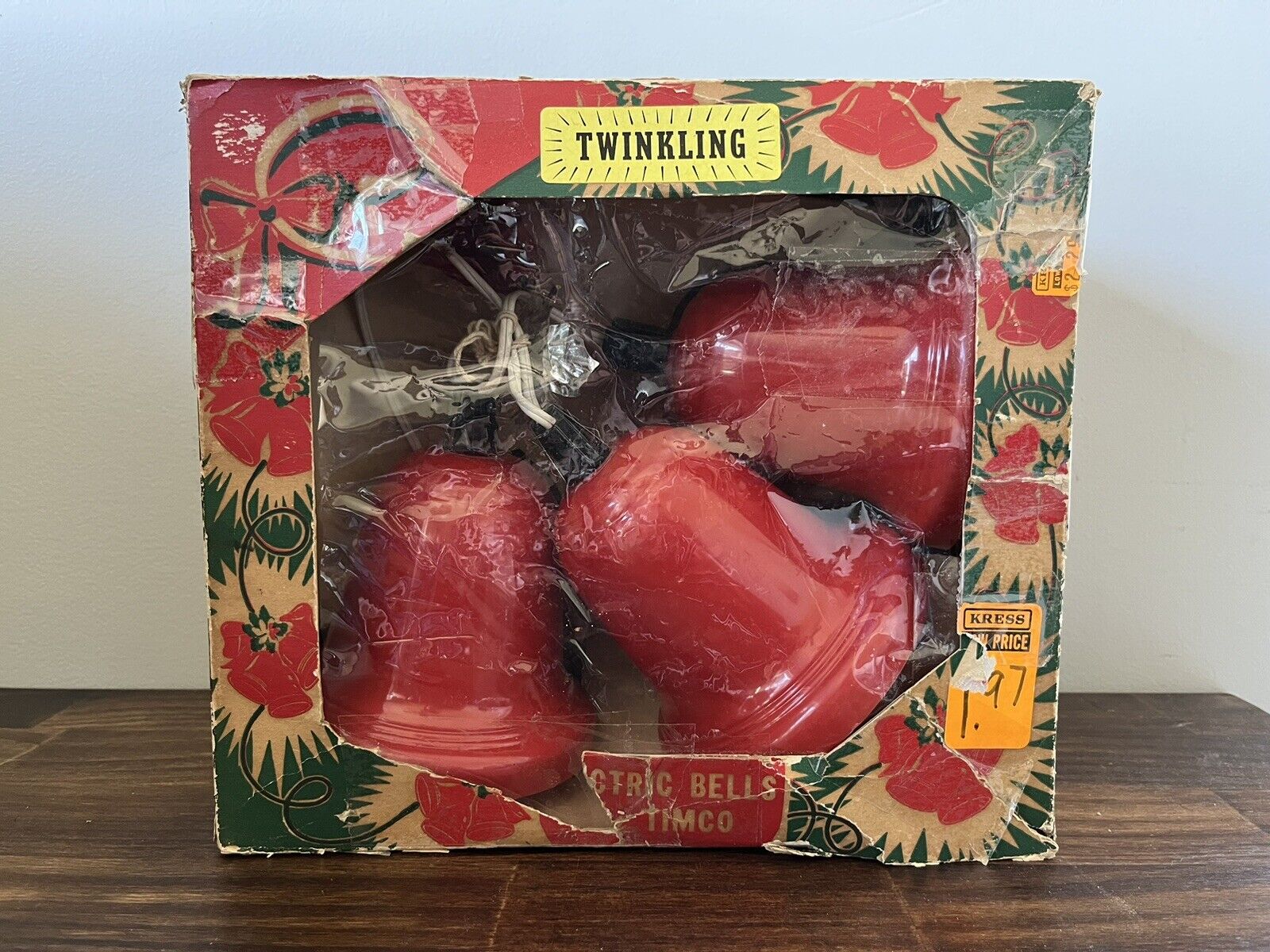 Vtg Timco 3 Red Plastic TWINKLING Bell Lights Flocked Holly Decor 5 INCH Read