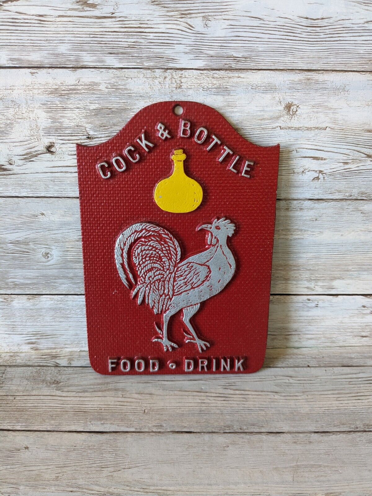 Vintage Metal Wall Sign Plaque Cock & Bottle Food Drink Man Cave Bar