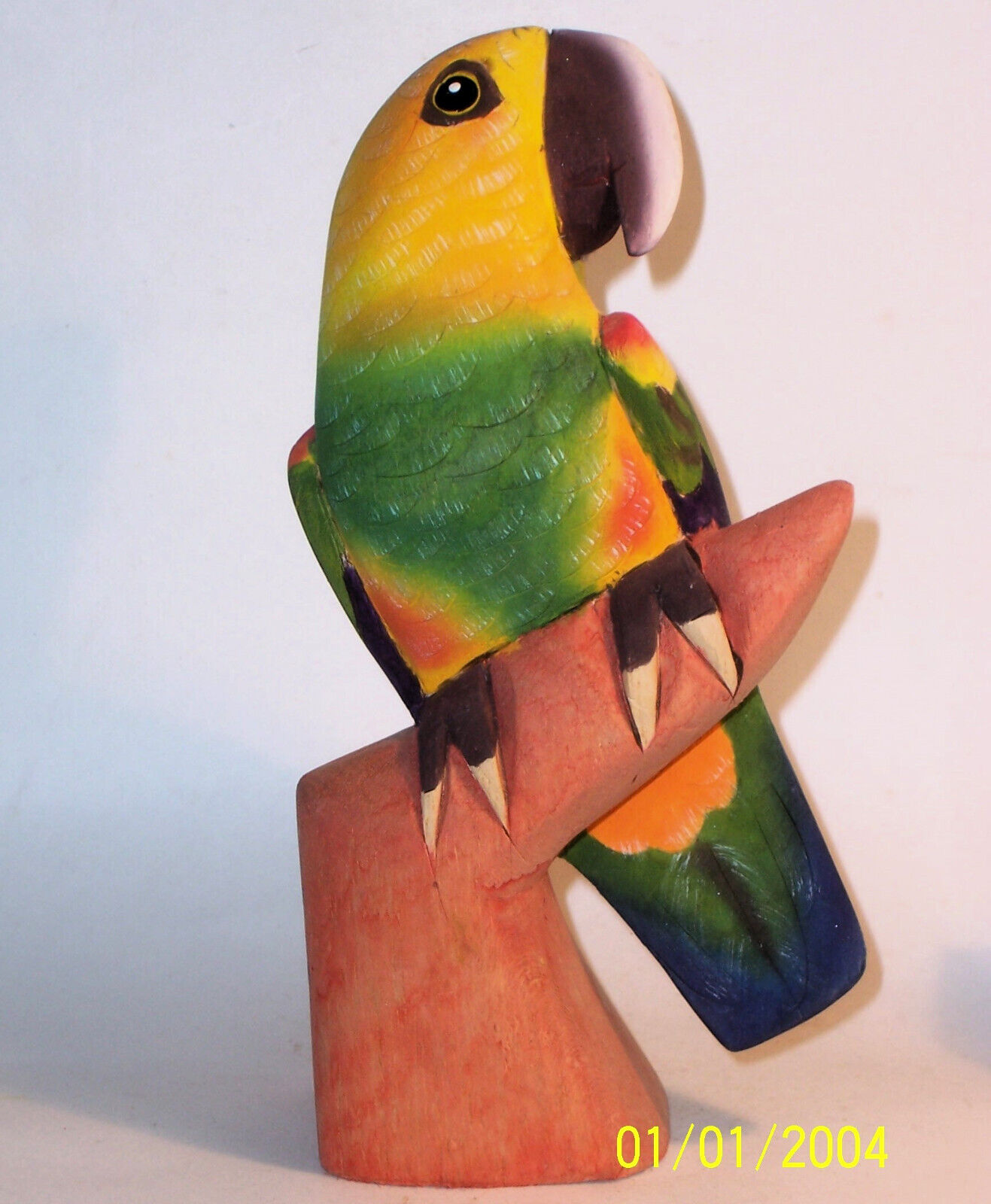 Old PARROT Hand Carved Painted Wood Art Sculpture Statue Figurine Vintage Green