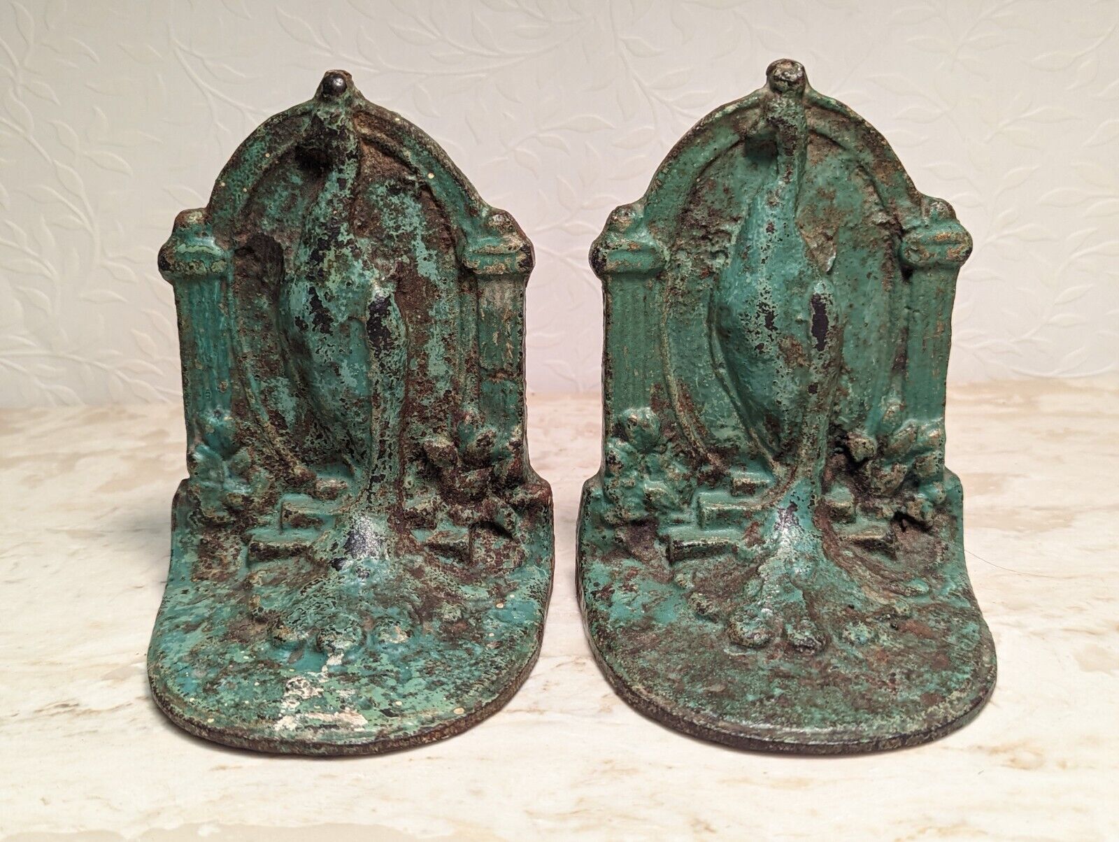 Art Deco Antique Peacock Cast Iron Book Ends Petina Green Painted Finish