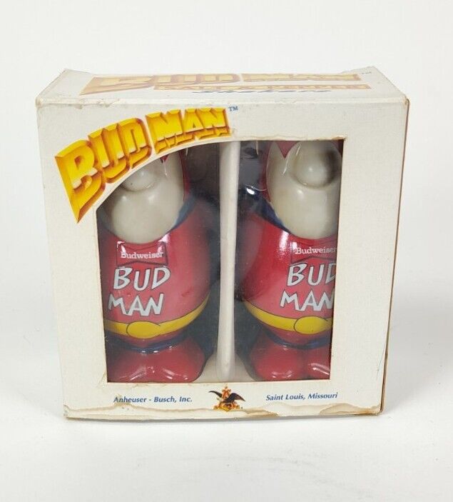 Vintage 1991 Bud Man Budweiser Salt & Pepper Shaker Set, New In Box