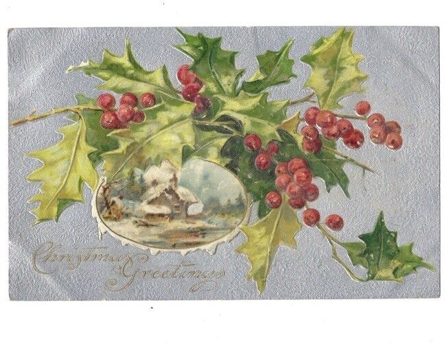 c1905 Christmas Greetings Silver Holly Berry House Embossed Undivided Postcard