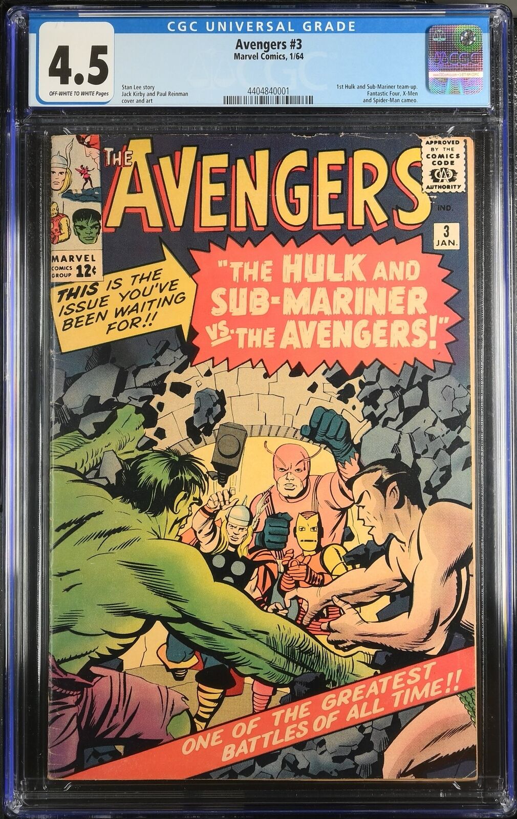 Avengers #3 CGC VG+ 4.5 1st Hulk and Sub-Mariner Team-Up Jack Kirby Marvel