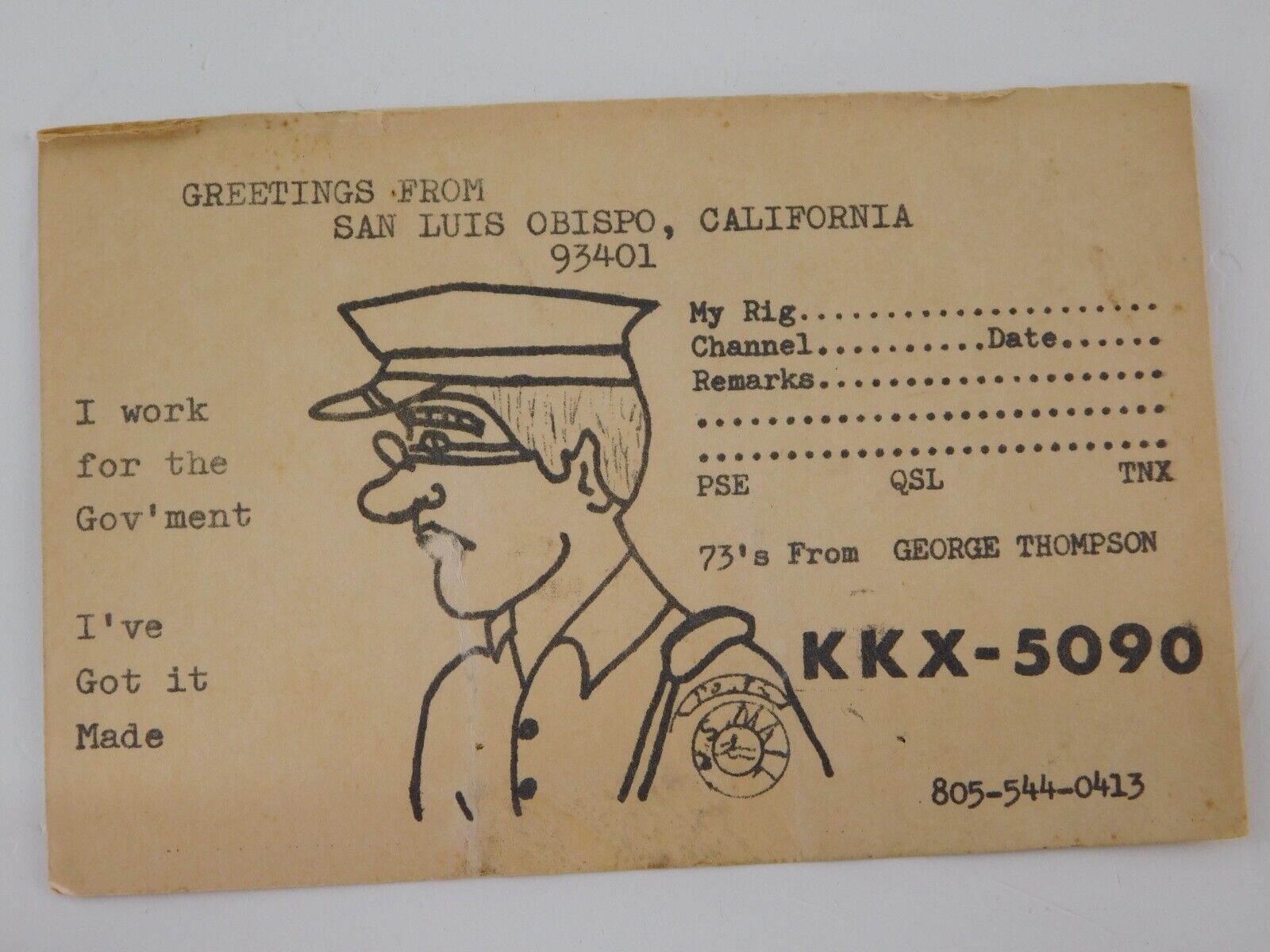 Vintage Amateur Ham Radio QSL Postcard Card - KKX-5090 San Luis Obispo, CA