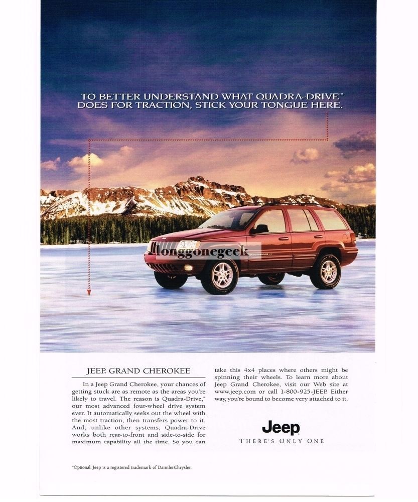 1999 Jeep Flame Red GRAND CHEROKEE Driving On Ice Vintage Print Ad