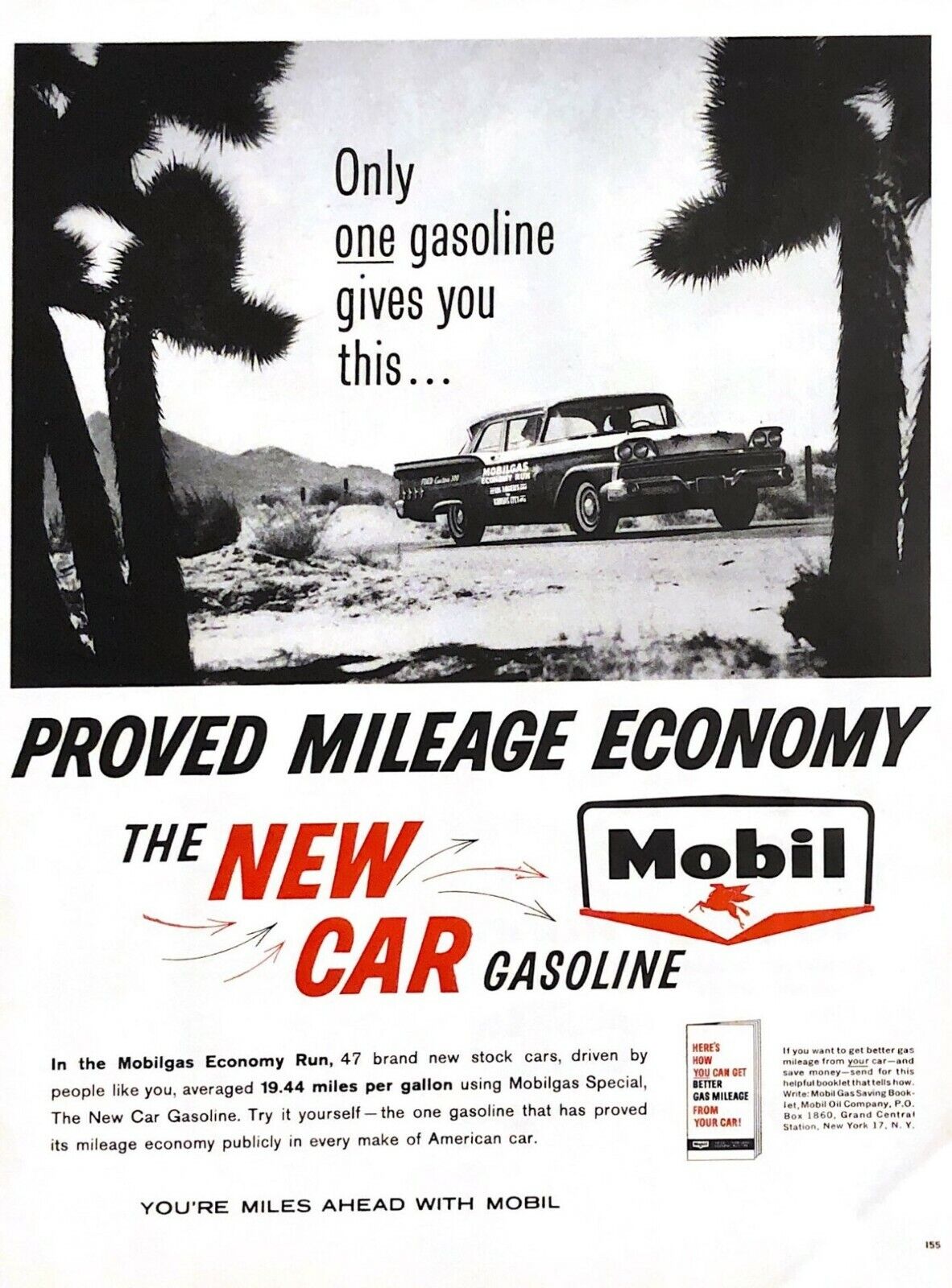 1959 Mobil Oil Vintage Print Ad The New Car Gasoline Proved Mileage Economy 