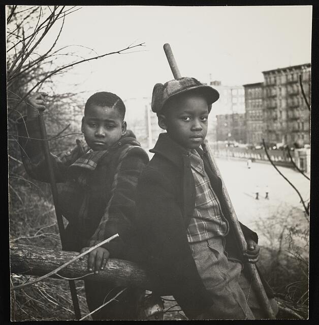 Photo:Two unidentified African American boys holding sticks