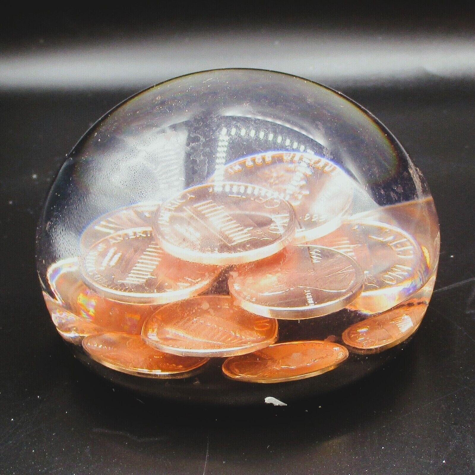Vintage Abe LIncoln Paperweight Copper Pennies 1975 Lucite Dome Handmade
