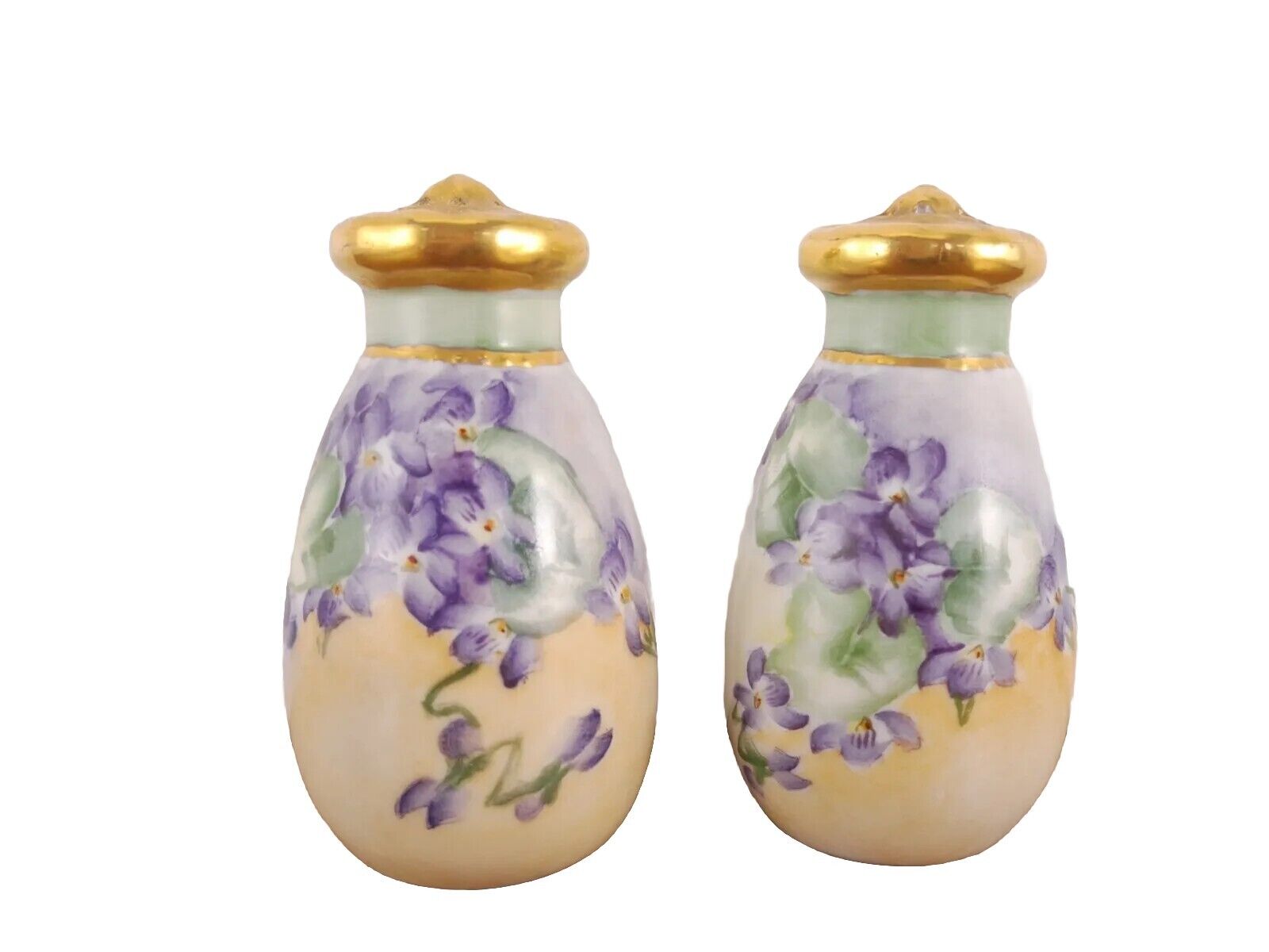 Pair Antique O&EG Royal Austria Handpainted Violets Porcelain Salt And Pepper