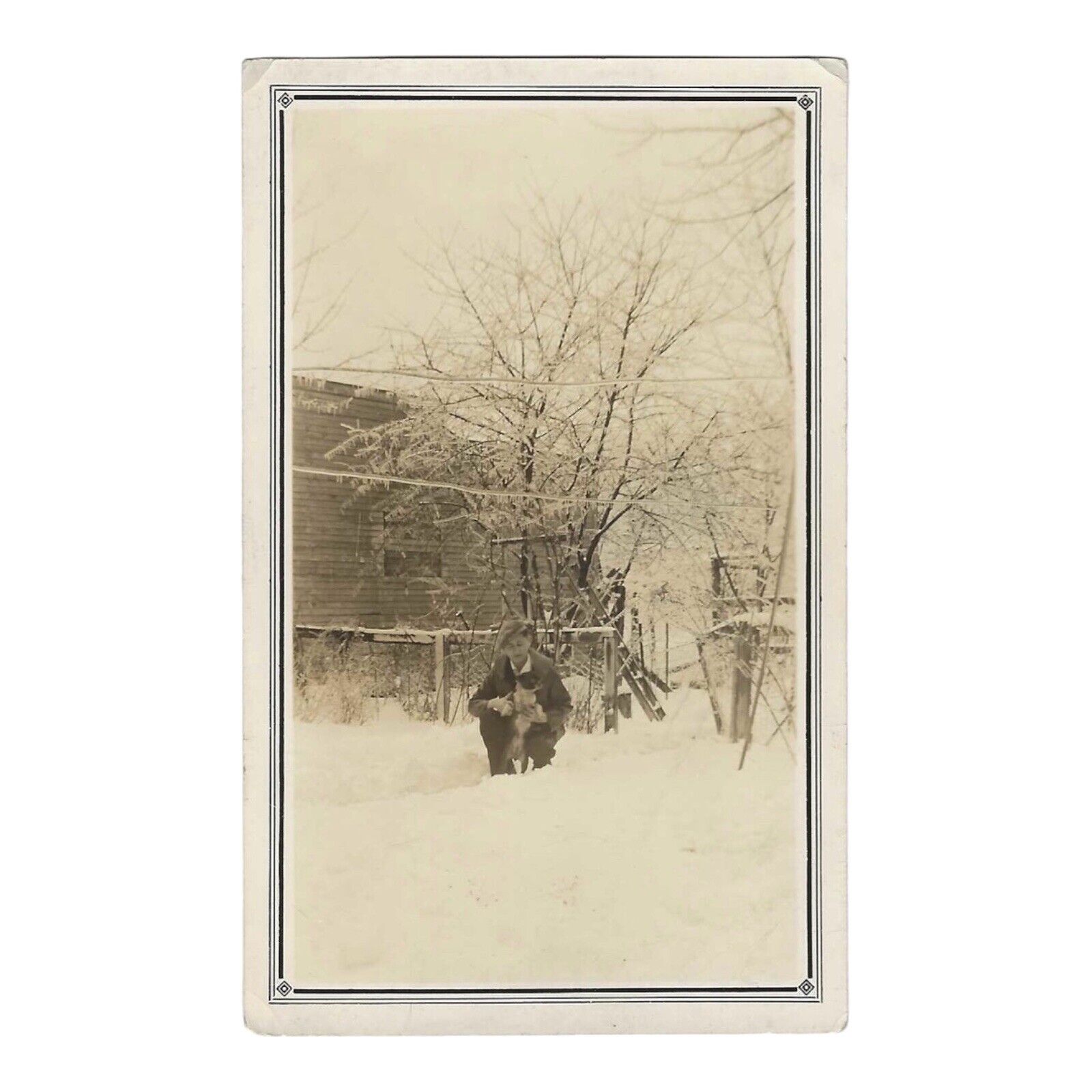 Vintage Snapshot Photo Man Holding Boston Terrier Dog In Snow Toledo Ohio