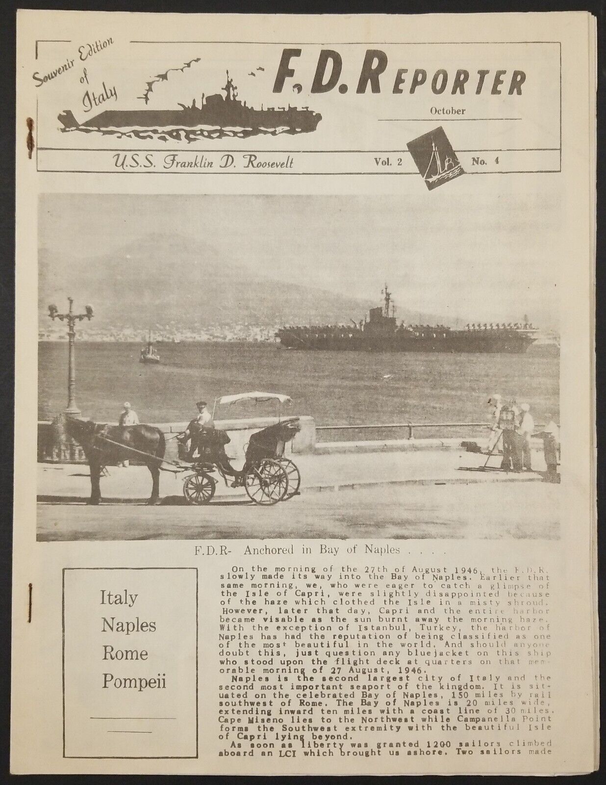 1946 USS Franklin Roosevelt FDR Reporter Italy Naples Rome Pompeii Navy News