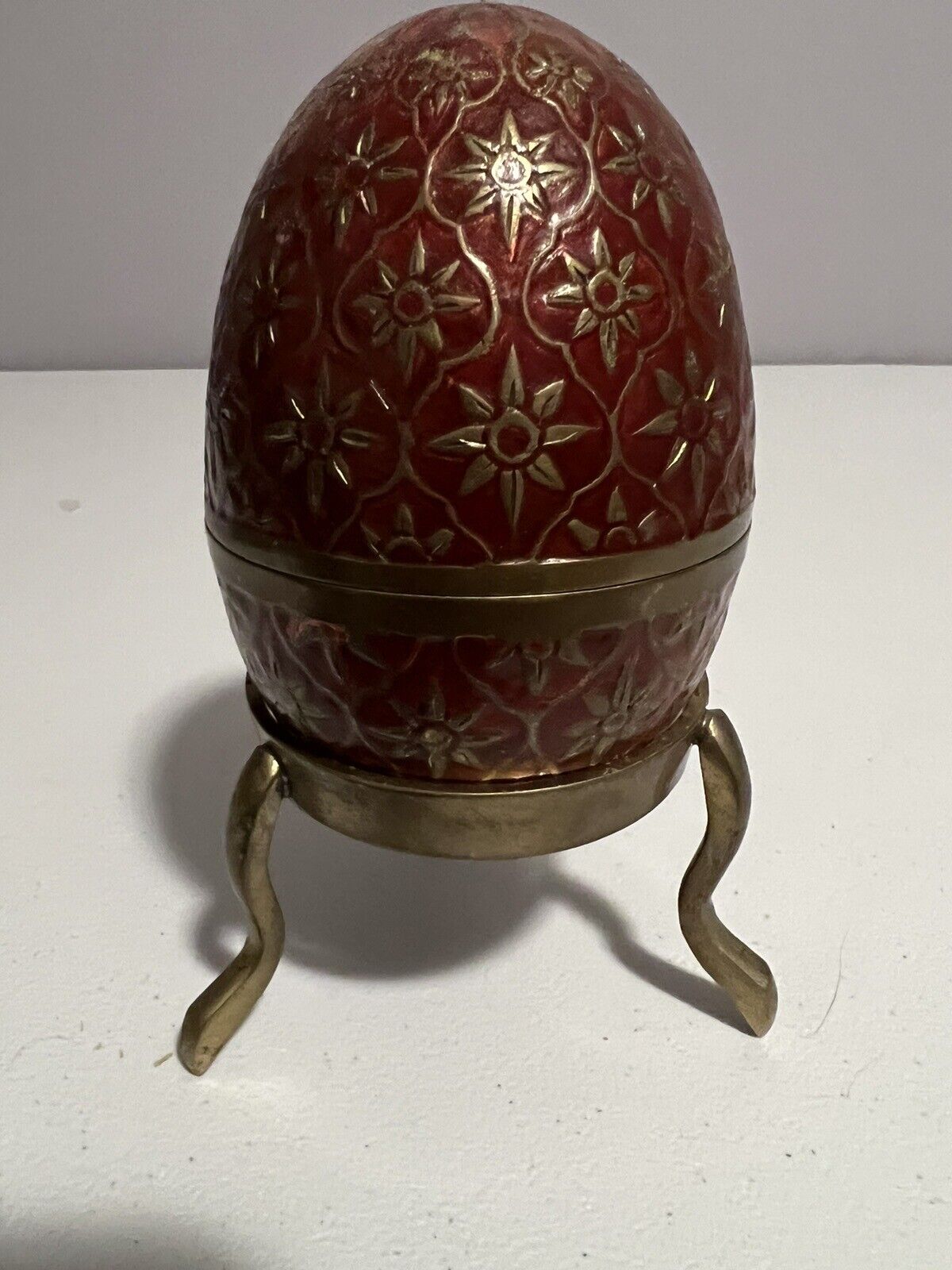 Vintage Floral Cloisonné Enamel 5”X3.5” Egg Shaped Trinket Box Flowers Red &Gold
