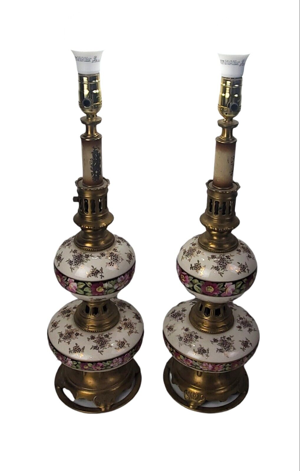 Pair of Tall Vintage Purple White Floral Rembrandt Porcelain Table Lamps