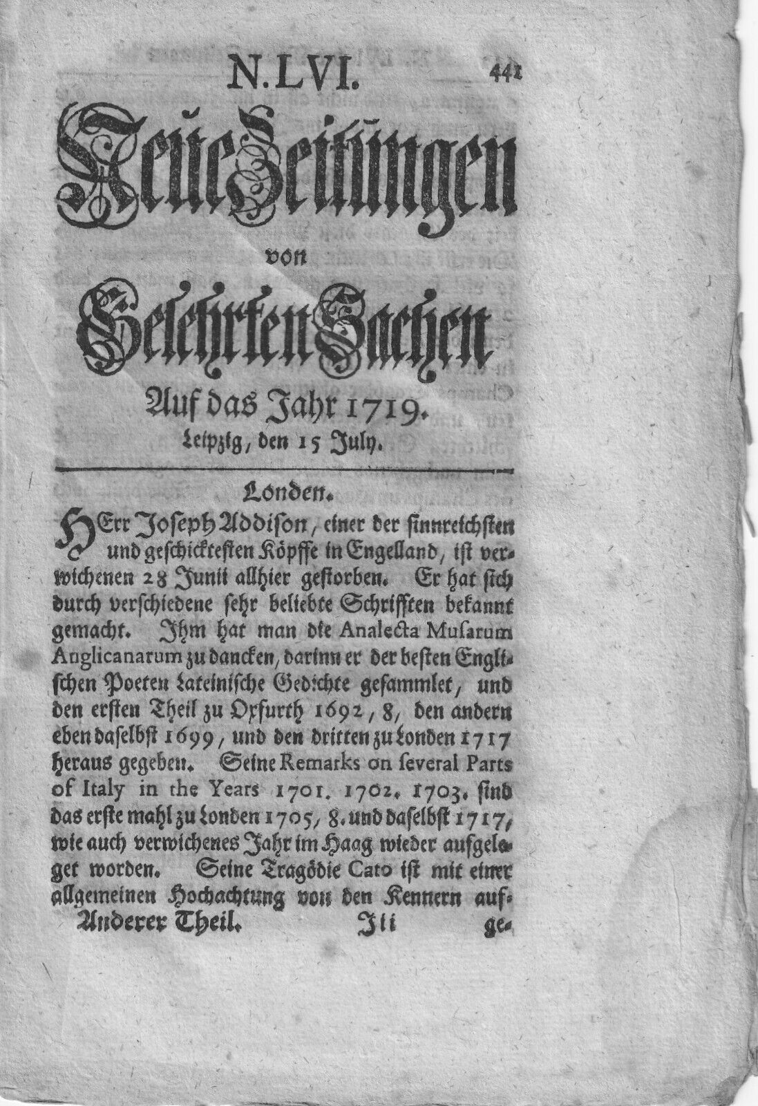Very Old and Rare Leipzig, Germany  Newspaper dated July 15, 1719