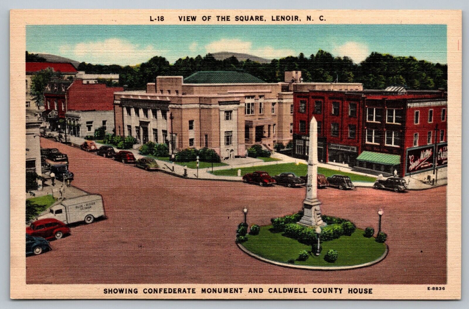 Postcard The Square Lenoir North Carolina Confederate Monument Ice Cream Truck