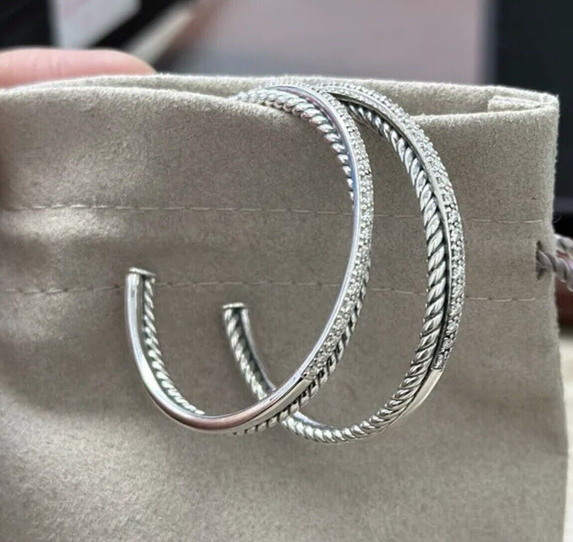 David Yurman Sterling Silver Crossover Extra-Large Hoop Earrings Diamonds 44mm