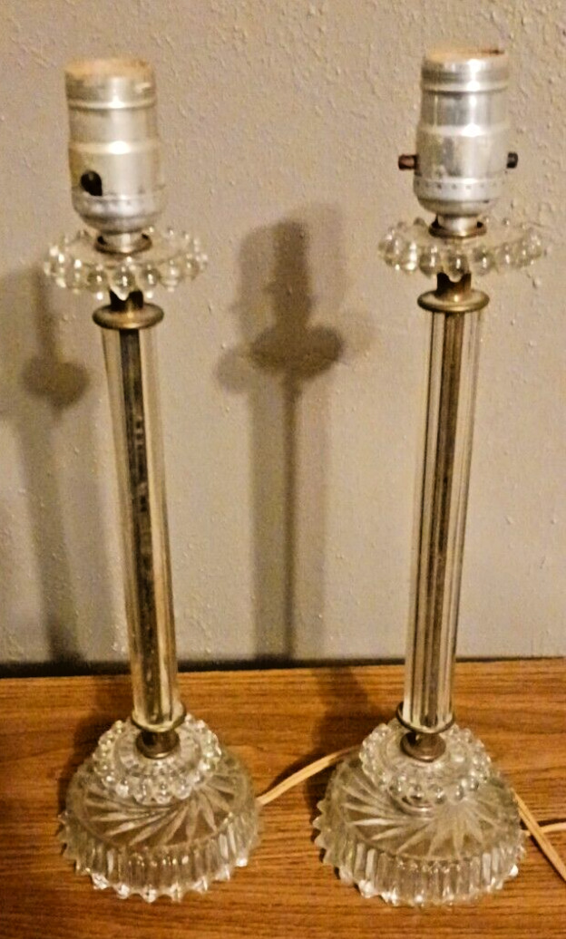 Pair (2) Vintage Mid Century Clear Crystal Glass Boudoir Table Lamps Working