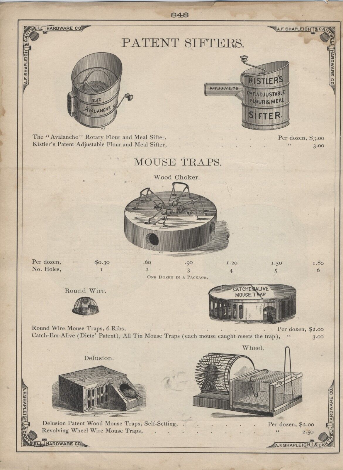 1883 CATALOG PAGE A F SHAPLEIGH HARDWARE. MOUSE TRAP, SIEVES ST. LOUIS MISSOURI