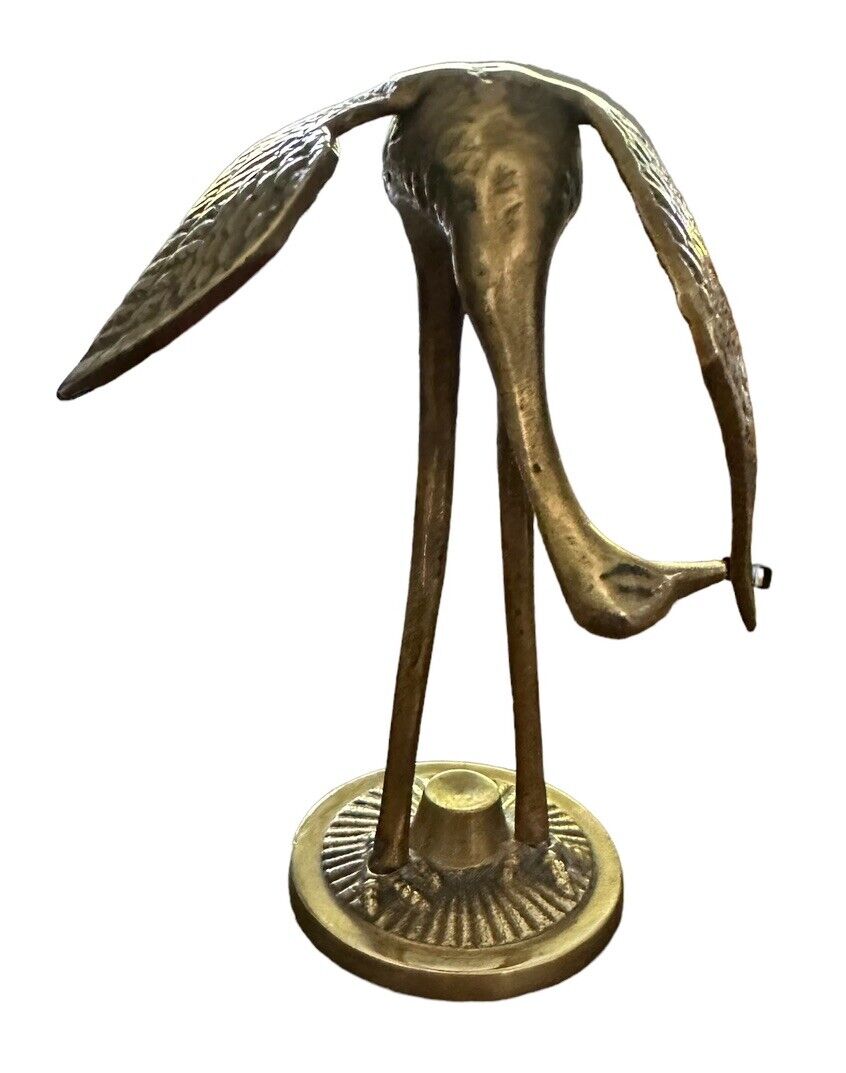 Vintage MCM Leonard Solid Brass Crane Egret Heron Bird Sculpture 5”