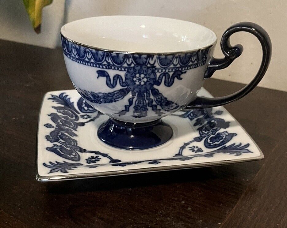 Vintage Bombay Company  Authentic Teacup and Saucer Set Blue and White Rosette