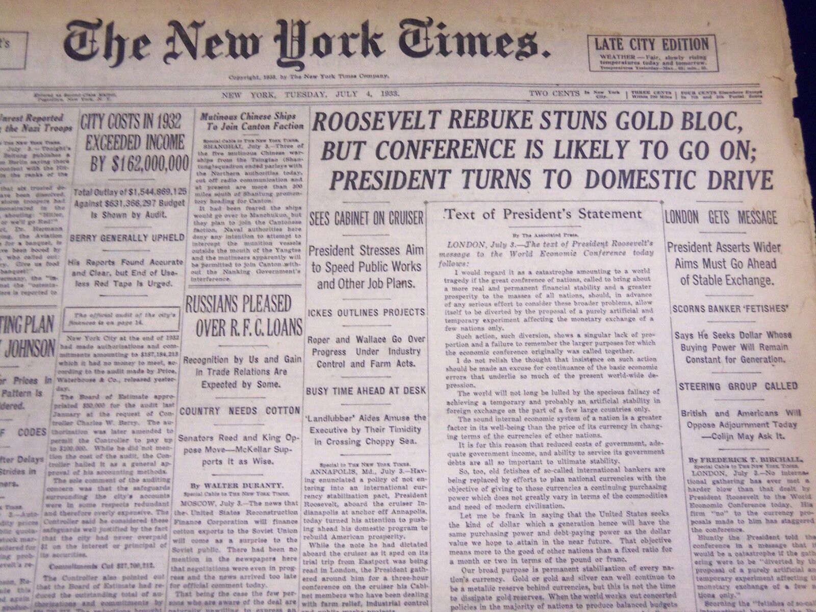 1933 JULY 4 NEW YORK TIMES - FDR REBUKE STUNS GOLD BLOC - NT 3870